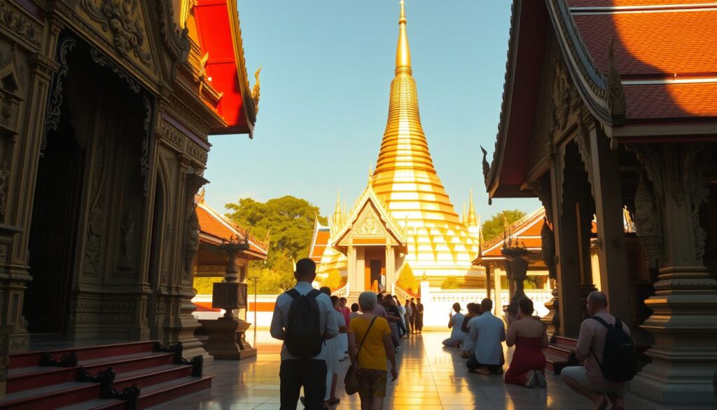 A serene Buddhist temple in the heart of Thailand, illuminated by warm afternoon sunlight. In the foreground, a pair of tourists respectfully remove their shoes before entering the sacred space, adorned with intricate carvings and ornate architectural details. The middle ground features a group of devout worshippers kneeling in prayer, their hands joined in a gesture of reverence. In the background, a towering golden stupa rises majestically, its shimmering surface reflecting the peaceful ambiance. The overall atmosphere conveys a sense of solemnity, cultural preservation, and profound spiritual connection.