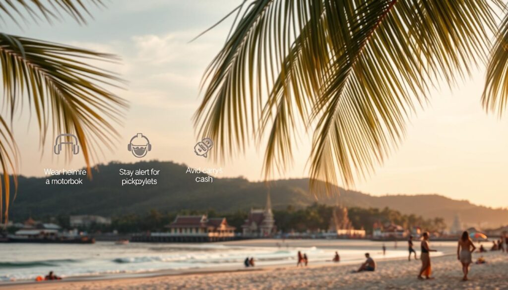 A serene Thai landscape, with a gentle breeze rustling the palm fronds. In the foreground, a series of safety icons and pictograms float, conveying essential guidelines: wear a helmet while riding a motorbike, stay alert for pickpockets, and avoid carrying large amounts of cash. In the middle ground, a tranquil beach scene unfolds, with beachgoers adhering to safety precautions. The background features the iconic Thai architecture, temples, and lush, verdant hills, creating a sense of cultural immersion. Soft, diffused lighting casts a warm, inviting glow, evoking the welcoming atmosphere of Thailand. The scene radiates a balance of safety awareness and the country's natural beauty.