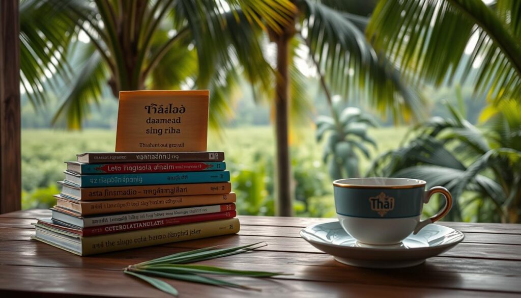 A serene Thai scene, soft lighting illuminating a collection of Thai language phrases written in elegant calligraphy on bamboo leaves. In the foreground, a stack of colorful guidebooks and phrasebooks. In the middle ground, a traditional Thai teacup and saucer, steam gently rising. The background features a lush, verdant tropical landscape, with palm fronds swaying gently. The overall mood is one of calm, cultural immersion, and the invitation to explore the beauty of the Thai language.