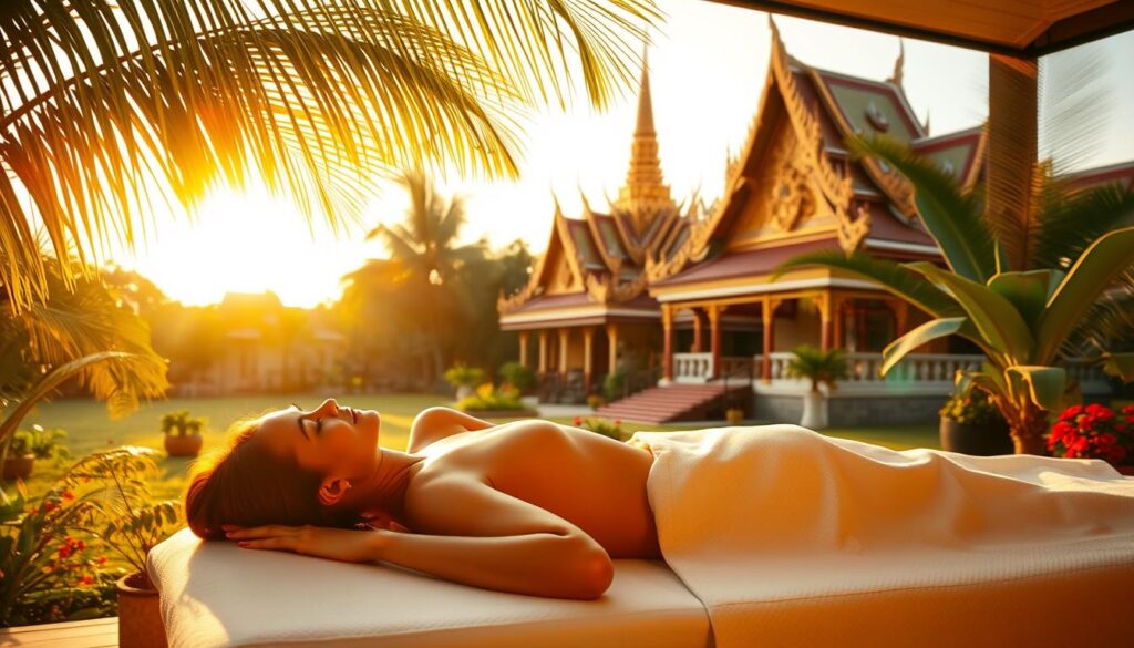 A serene Thai spa sanctuary, bathed in warm golden light. In the foreground, a woman reclines on a massage table, her face radiating tranquility as a masseuse works her muscles with skillful hands. The middle ground features a lush tropical garden, with swaying palm fronds and vibrant flowers. The background showcases a traditional Thai temple, its ornate architecture and gleaming golden roof reflecting the spiritual essence of Thai holistic healing. The scene exudes a sense of harmony, balance, and the restorative power of ancient Eastern practices.