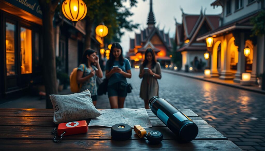 A serene Thai street scene, dimly lit by warm lanterns, showcases essential safety tips. In the foreground, a map and a small first-aid kit rest on a wooden table, surrounded by thoughtfully arranged items: a whistle, a personal alarm, and a sturdy water bottle. The middle ground features a group of tourists engaged in lively conversation, their faces illuminated by the soft glow of their smartphones as they navigate a map. In the background, the iconic architecture of Thailand's temples stands tall, casting long shadows across the cobblestone path. The overall atmosphere conveys a sense of caution and preparedness, while still capturing the enchanting essence of the Thai landscape.
