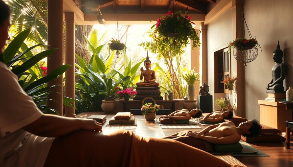 A serene Thai temple courtyard, sunlight filtering through lush tropical foliage. In the foreground, a skilled practitioner demonstrates traditional Thai massage, their nimble fingers skillfully kneading tense muscles. In the middle ground, a group of patients recline on cushions, faces radiating calm as they undergo cupping therapy. Hanging baskets of medicinal herbs and flowers adorn the tranquil scene, while in the background, a statue of Buddha watches over the holistic healing rituals. Warm, muted tones evoke the timeless wisdom of Thai medicine, inviting the viewer to experience its restorative power.