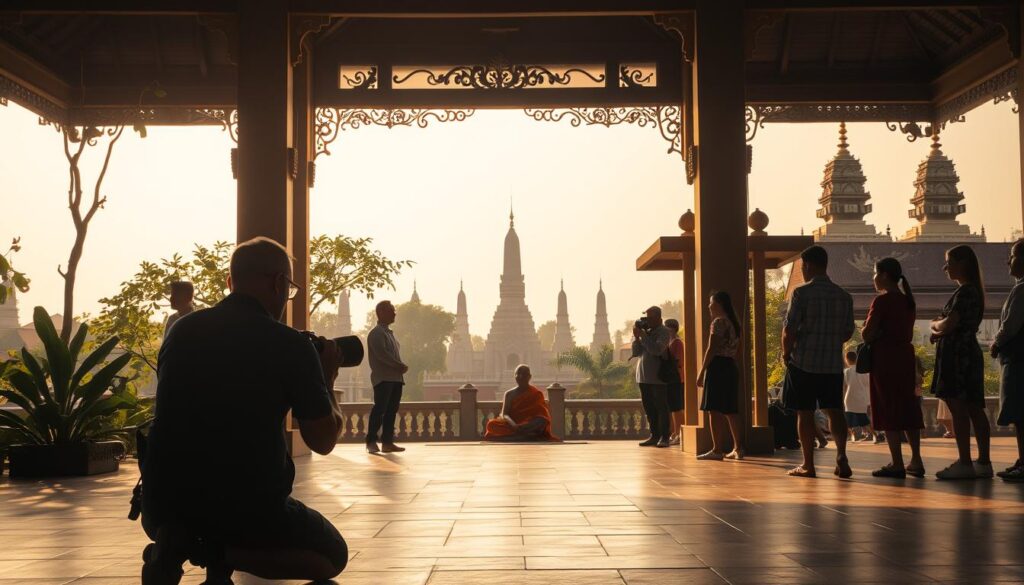 A serene Thai temple courtyard, with an elderly monk sitting cross-legged amidst lush greenery and intricate architecture. Warm, soft lighting filters through the open-air pavilion, casting a reverent atmosphere. In the foreground, a photographer kneels respectfully, camera angled to capture the tranquil scene without distracting or disturbing the sacred space. Midground, visitors observe the etiquette of removing shoes and moving quietly, mindful of the spiritual significance. In the background, ornate spires and pagodas rise against a hazy, golden sky, completing the quintessential Thai landscape. An image that encapsulates the essence of respectful, immersive photography in Thailand.
