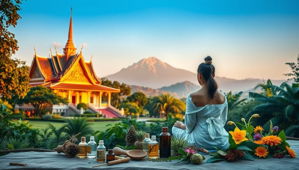 A serene Thai temple nestled amidst lush greenery, its elegant architecture bathed in warm, golden light. In the foreground, a practitioner of alternative Thai medicine sits cross-legged, surrounded by an array of natural remedies - aromatic herbs, soothing essential oils, and vibrant medicinal flowers. The air is thick with the scent of incense, creating a calming, introspective atmosphere. In the background, a majestic mountain range rises, symbolizing the deep connection between traditional Thai healing practices and the natural world. The scene conveys a sense of balance, harmony, and a holistic approach to well-being.
