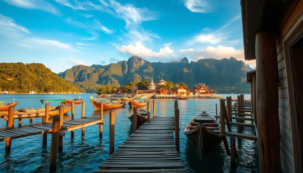 A serene coastal vista in Thailand, with a picturesque fishing village nestled between verdant hills and a tranquil azure sea. The foreground features weathered wooden piers extending into the calm waters, where traditional longtail boats are moored. The middle ground showcases the quaint, colorful houses and temples of the village, bathed in warm, golden sunlight. The background is dominated by a majestic mountain range, their peaks capped with wispy clouds. The scene is captured through a wide-angle lens, emphasizing the expansive, cinematic framing. The lighting is soft and diffused, creating a sense of dreamlike, ethereal beauty. This stunning location offers photographers the perfect blend of natural and cultural elements to capture the essence of Thailand's iconic landscapes.