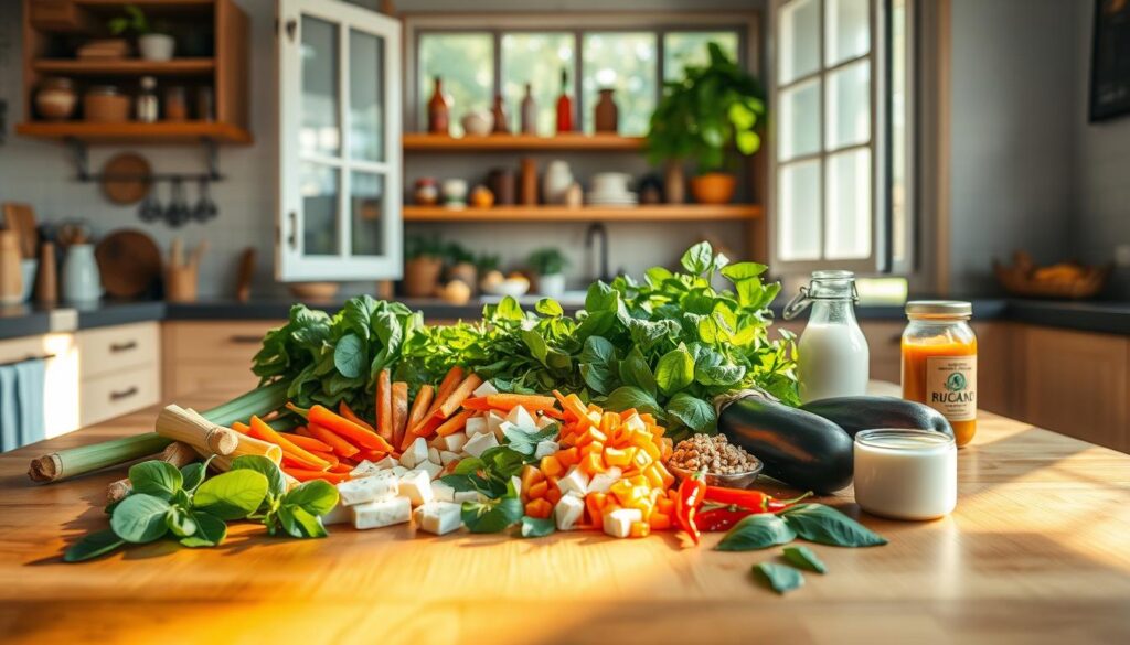 A serene kitchen scene with a central wooden table, sunlight streaming through a large window, casting warm hues on an arrangement of vegan Thai ingredients. In the foreground, vibrant fresh herbs like lemongrass, kaffir lime leaves, and Thai basil are neatly organized. Sliced tofu, diced vegetables like carrots, bell peppers, and eggplant occupy the middle ground, accompanied by aromatic spices and condiments like ginger, chili peppers, and coconut milk. The background features an open pantry stocked with jars of tamarind paste, roasted peanuts, and other Thai staples. The overall mood is one of balance, harmony, and the celebration of plant-based Thai flavors.