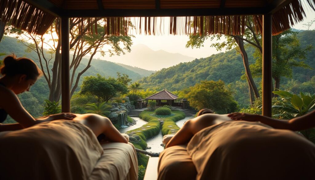 A serene massage retreat nestled amidst the lush, verdant hills of Thailand. In the foreground, a pair of skilled masseuses perform a traditional Thai massage, their nimble fingers kneading away tension and stress. The middle ground reveals a tranquil outdoor setting, with a picturesque pavilion and a gently flowing stream. Warm, diffused lighting filters through the verdant canopy, creating a calming, spa-like ambiance. In the background, silhouettes of distant mountains add to the sense of seclusion and retreat. The overall scene exudes a profound sense of relaxation, inviting the viewer to immerse themselves in the restorative power of Thai massage therapy.