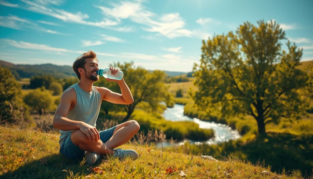 A serene outdoor scene on a hot, sunny day. In the foreground, a person sitting cross-legged on the grass, drinking from a reusable water bottle with a content expression. The middle ground features lush, verdant trees and a tranquil stream winding through the landscape. The background showcases rolling hills and a clear, azure sky with wispy clouds. Warm, golden sunlight filters through the foliage, creating a peaceful, rejuvenating atmosphere. The overall composition emphasizes the importance of staying hydrated and reconnecting with nature during periods of heat and humidity.