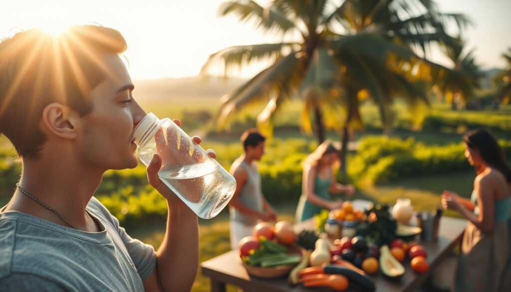 A serene outdoor scene with people practicing various hydration techniques under the warm, golden glow of the sun. In the foreground, a person is sipping from a reusable water bottle, their face reflecting a sense of refreshment. In the middle ground, a group is gathered around a table, examining different fruits and vegetables known for their high water content. In the background, a lush, verdant landscape with swaying palm trees sets the tranquil, tropical atmosphere. The lighting is soft and diffused, creating a calming, natural ambiance. The composition emphasizes the importance of staying hydrated during hot, humid weather, with a focus on wholesome, natural hydration sources.