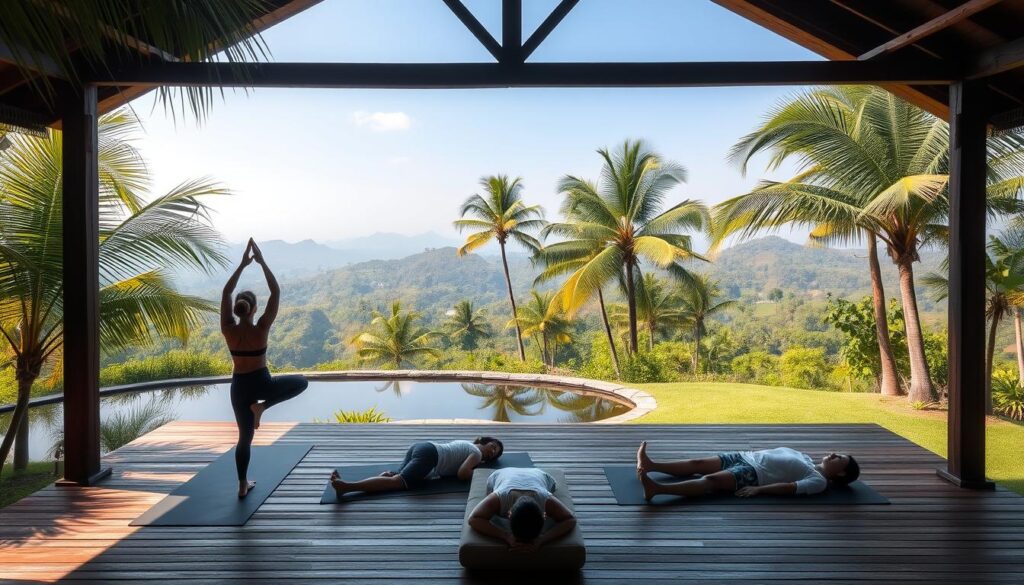A serene outdoor yoga studio nestled in a lush tropical setting, with a wooden pavilion surrounded by swaying palm trees and a tranquil pond. In the foreground, two yogis flow through graceful asanas, their movements captured in soft natural lighting. The middle ground features a pair of masseuses performing soothing Thai massage techniques on clients reclining on comfortable mats. The background showcases the stunning panoramic view of verdant hills and a hazy blue sky, creating a sense of calm and rejuvenation. The entire scene exudes a harmonious balance of mind, body, and spirit.