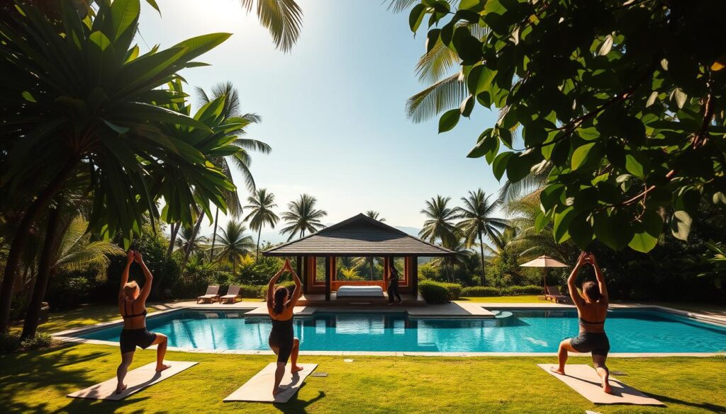 A serene, sun-dappled tropical paradise, with lush verdant foliage framing a tranquil wellness retreat. In the foreground, a group of people engage in a restorative yoga session, their movements graceful and fluid under the warm glow of the afternoon light. In the middle ground, an elegant open-air pavilion houses a soothing massage parlor, where guests unwind and rejuvenate. In the distance, a shimmering azure pool reflects the azure sky, surrounded by swaying palm trees and the silhouettes of distant mountains. The entire scene exudes a sense of harmony, balance, and the perfect fusion of nature and wellness.
