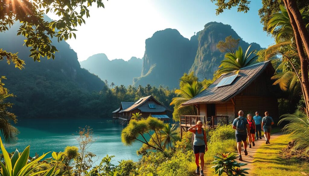 A serene tropical landscape in Thailand, showcasing eco-friendly tourism practices. In the foreground, a group of hikers explores a lush, verdant trail, mindfully observing the diverse local flora and fauna. In the middle ground, a traditional bamboo eco-lodge nestled among the trees, with solar panels and water-harvesting systems. In the background, towering limestone cliffs and a tranquil turquoise lake, reflecting the pristine natural beauty. Warm, diffused sunlight filters through the canopy, creating a warm, inviting atmosphere. The scene conveys a sense of harmony between human activity and the delicate ecosystem, promoting sustainable tourism and environmental conservation.