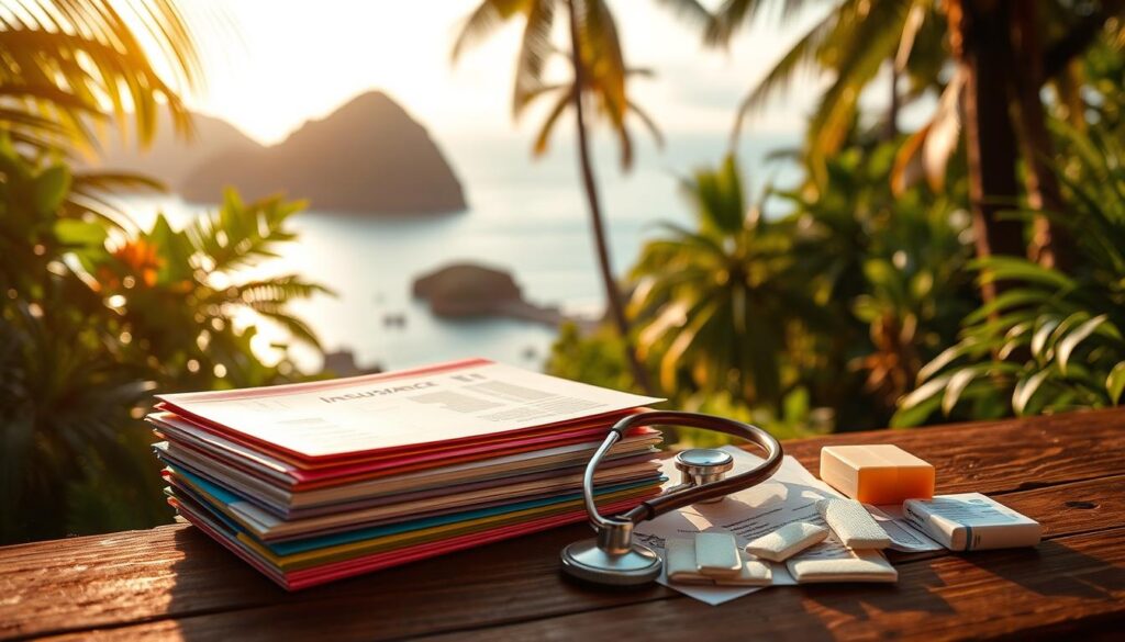 A serene tropical landscape with lush foliage and a picturesque beach in the background. In the foreground, a stack of colorful travel insurance documents and medical supplies, including a stethoscope, bandages, and medication. The scene is bathed in warm, golden sunlight, creating a sense of comfort and security. The overall mood is one of tranquility and preparedness, reflecting the importance of having comprehensive medical travel insurance while exploring the wonders of Thailand.