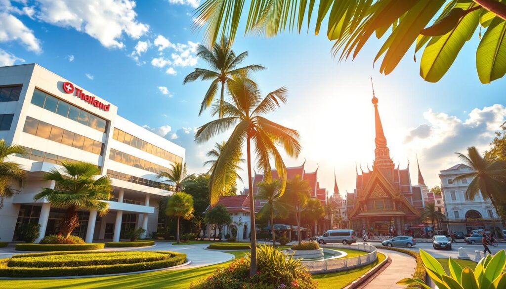 A serene tropical paradise unfolds, showcasing Thailand's vibrant medical tourism industry. In the foreground, a modern hospital facade stands proud, its sleek architecture and lush landscaping exuding a sense of comfort and care. The middle ground features a diverse array of medical procedures, from sophisticated surgeries to rejuvenating spa treatments, all set against a backdrop of iconic Thai temples and bustling city streets. Warm sunlight filters through, casting a gentle glow and highlighting the country's commitment to quality healthcare and patient-centric experience. The overall atmosphere conveys a harmonious blend of state-of-the-art medical facilities, cultural heritage, and the tranquil allure of the Thai landscape.