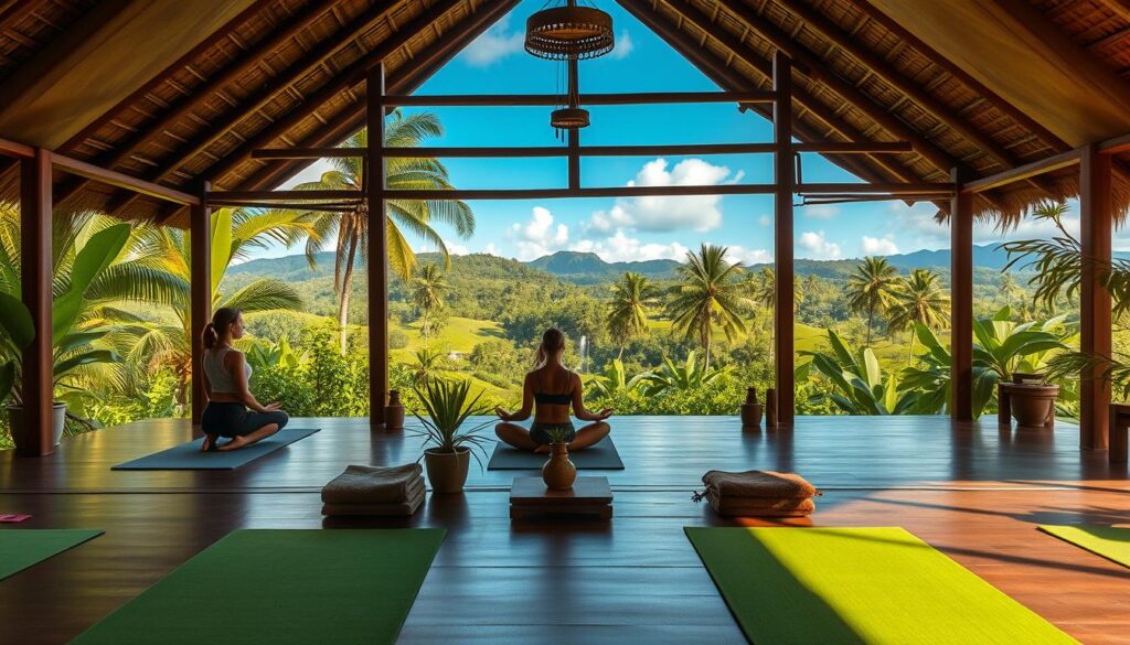A serene yoga studio nestled amidst lush tropical foliage, with sunlight filtering through the open-air pavilion. Practitioners in lotus position, their bodies in perfect harmony, surrounded by the soothing sounds of wind chimes and a distant waterfall. In the foreground, plush yoga mats and folded blankets invite guests to immerse themselves in the tranquil ambiance. The middle ground features potted plants, incense burners, and wooden benches, creating a sense of natural harmony. The background showcases the verdant hills and azure skies of the Thai countryside, framed by swaying palm trees. An oasis of calm and rejuvenation, this yoga retreat embodies the magic of Thailand's wellness traditions.