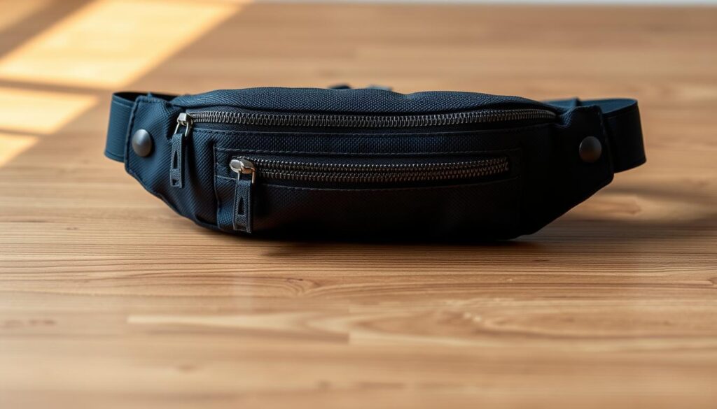 A sleek, black travel money belt resting on a wooden surface, backlit by soft, warm lighting. The belt features multiple zippered compartments, designed to securely hold cash, cards, and passports. The minimalist design gives it a modern, practical aesthetic, perfect for the discerning traveler. The belt's textured fabric and metallic hardware create an appealing tactile quality, instilling a sense of security and organization. The image captures the essential travel accessory in a clean, well-composed frame, highlighting its functionality and discreet style.