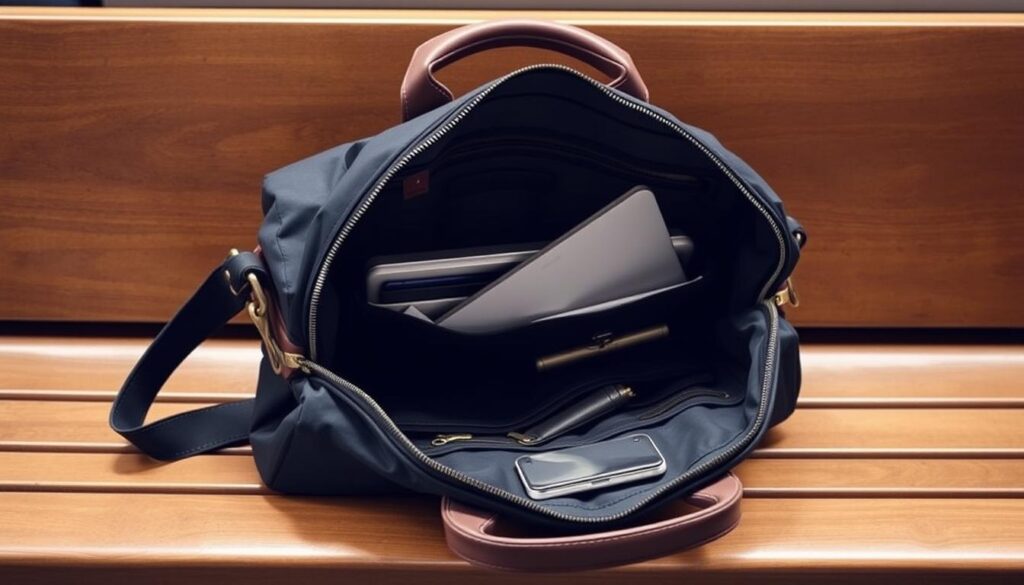 A sleek commuter bag rests on a wooden bench, its structured silhouette and clean lines reflecting the efficient, minimalist aesthetic of modern urban transit. Soft lighting from overhead casts a warm glow, highlighting the high-quality materials - supple leather, brass hardware, and a water-resistant nylon exterior. The bag's spacious interior is visible through a partially unzipped compartment, revealing neatly organized pockets and dividers, ready to accommodate a laptop, documents, and daily essentials for the daily commute. The scene evokes a sense of preparedness and practicality, perfectly suited for the "Essential Packing for Public Transit" section of the article.
