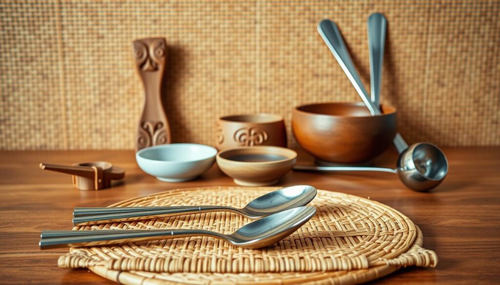 A still life arrangement showcasing an array of Thai dining utensils against a warm, natural backdrop. In the foreground, a polished set of chopsticks, a delicate spoon, and a sturdy fork sit atop a woven bamboo placemat. The middle ground features a traditional carved wooden bowl, a small ceramic dish, and a stainless steel ladle, all arranged with care. In the background, a subtle texture of weathered wood paneling or woven rattan provides a rustic, authentic ambiance. The lighting is soft and diffused, casting gentle shadows and highlighting the tactile, handcrafted quality of the tableware. An overall mood of cultural authenticity and traditional Thai culinary elegance pervades the scene.