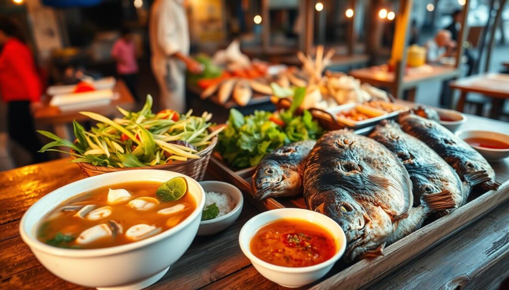 A sumptuous array of Thai seafood dishes, artfully arranged on a rustic wooden table. In the foreground, a fragrant seafood tom yum soup, its broth glistening with lemongrass and kaffir lime. Beside it, a vibrant green papaya salad, crisp vegetables in a tangy dressing. Further back, a platter of grilled whole fish, their skin caramelized to perfection, accompanied by a piquant chili dip. In the background, a glimpse of a bustling fish market, with vendors hawking the day's fresh catch. Warm, golden lighting illuminates the scene, casting a cozy, beachside ambiance. The composition is balanced and visually striking, inviting the viewer to savor the flavors of Thailand's bountiful seafood offerings.