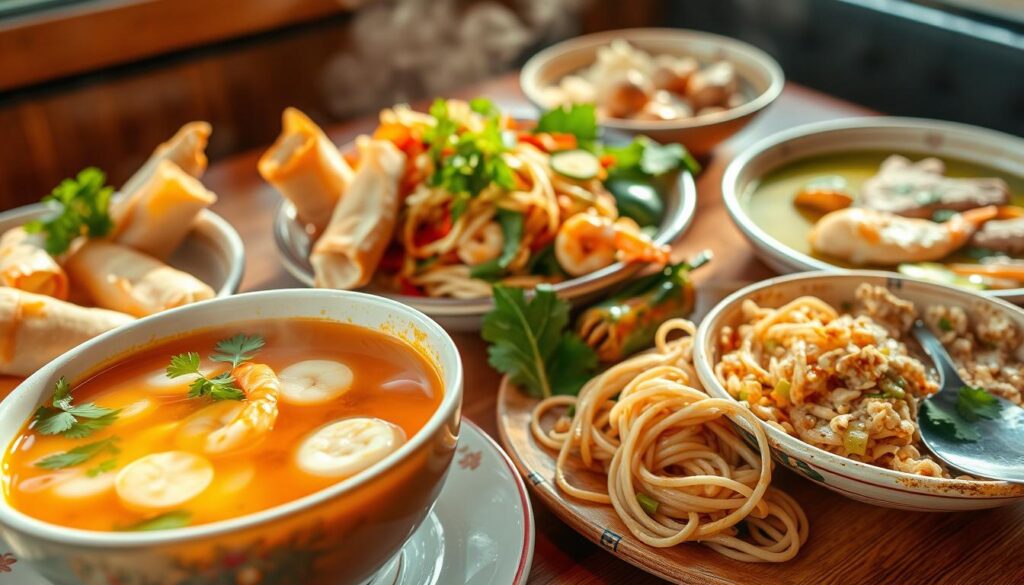 A sumptuous spread of authentic Thai dishes, expertly prepared with fresh ingredients and vibrant flavors. In the foreground, a steaming bowl of aromatic Tom Yum Goong, the quintessential Thai hot and sour shrimp soup, garnished with kaffir lime leaves and cilantro. Beside it, a platter of crisp, golden-fried spring rolls, their delicate wrappers encasing a savory blend of vegetables and ground pork. In the middle ground, a fragrant Pad Thai noodle dish, its tangled strands tossed with shrimp, crushed peanuts, and a sweet-sour tamarind sauce. In the background, a vibrant green curry with tender slices of chicken, accompanied by fragrant jasmine rice. The scene is bathed in warm, natural lighting, creating a inviting and authentic Thai dining experience.
