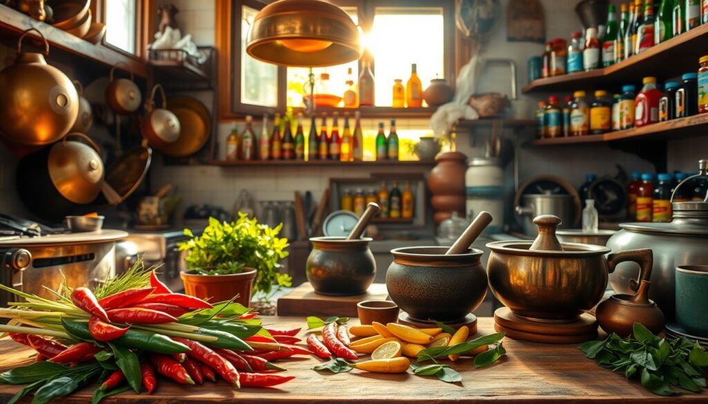A sun-drenched Thai kitchen, filled with the tools of the seafood trade. In the foreground, a colorful array of woks, steaming pots, and fragrant herbs. Vibrant chili peppers, lemon grass, and kaffir lime leaves tumble across a worn wooden cutting board. Overhead, a vintage brass wok hangs, its sheen reflecting the warm tropical light streaming through open windows. In the middle ground, an old-fashioned mortar and pestle stands ready to grind aromatic curry pastes. Beyond, shelves display an array of fish sauces, coconut oils, and fermented shrimp pastes. The atmosphere is one of culinary expertise and seaside abundance, hinting at the flavorful Thai seafood dishes soon to be prepared.