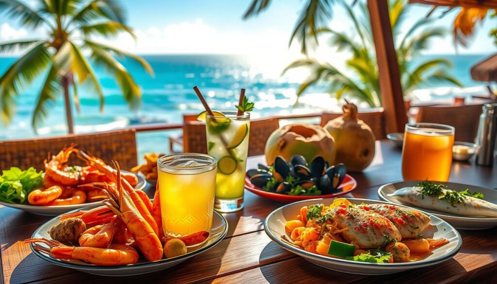 A sun-drenched Thai seaside setting, a table adorned with an array of fresh seafood dishes and a selection of vibrant, tropical beverages. In the foreground, a refreshing lemongrass and ginger infused iced tea, its bright green hue complementing the succulent grilled prawns and steamed mussels. Beside it, a chilled coconut water, its translucent flesh glistening, paired with a zesty lime-marinated crab salad. In the middle ground, a glass of aromatic jasmine tea, its delicate floral notes echoing the fragrant herbs adorning a steaming plate of curried fish. In the background, a panoramic view of the azure ocean, swaying palm trees, and a warm, golden glow illuminating the scene, creating a serene, tropical ambiance.