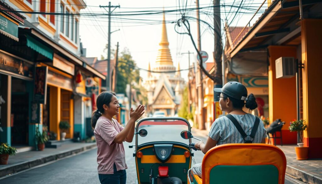 A tranquil Thai street scene, with traditional shophouses lining the sidewalks, their vibrant hues of saffron, turquoise, and ochre reflecting the warm sunlight. In the foreground, a pair of locals engaged in lively conversation, their hand gestures and facial expressions conveying the essence of Thai communication. The middle ground features a tuk-tuk, its bold colors and distinctive shape, a quintessential icon of Thai mobility. In the background, the silhouette of a Buddhist temple rises, its golden spires and intricate architecture a testament to the enduring cultural heritage of Thailand. The overall scene is bathed in a soft, diffused light, creating a serene and inviting atmosphere, capturing the spirit of "Understanding Thai Language Basics."