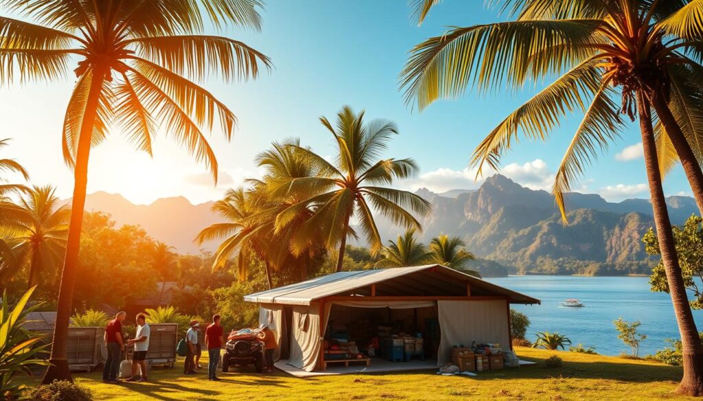 A tropical landscape with lush, verdant foliage and a clear blue sky, illuminated by warm, golden sunlight. In the foreground, a group of people diligently preparing for a natural disaster, stocking up on emergency supplies and coordinating their response plan. The middle ground features a well-equipped emergency shelter, its sturdy structure offering refuge against the impending threat. In the background, a backdrop of towering mountains and a serene, shimmering lake, a reminder of the natural beauty of Thailand. The scene conveys a sense of preparedness, resilience, and community coming together to face the challenge of a natural disaster head-on.