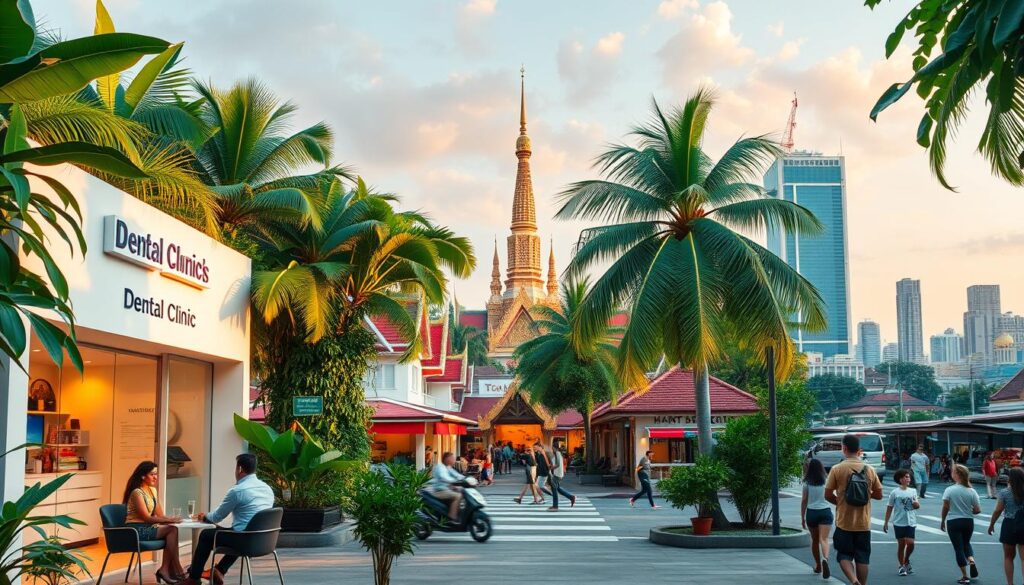 A tropical paradise with lush foliage and vibrant colors. In the foreground, a modern dental clinic with clean, inviting architecture stands out against the backdrop. Patients are seated in the waiting area, engaged in friendly conversation. The middle ground features a bustling street scene with locals and tourists exploring local shops and restaurants. In the background, iconic Thai landmarks like ornate temples and towering skyscrapers create a captivating skyline. The lighting is warm and inviting, casting a gentle glow over the entire scene. An atmosphere of affordable luxury and cultural immersion permeates the image, conveying the appeal of Thailand as a premier destination for dental and cosmetic tourism.