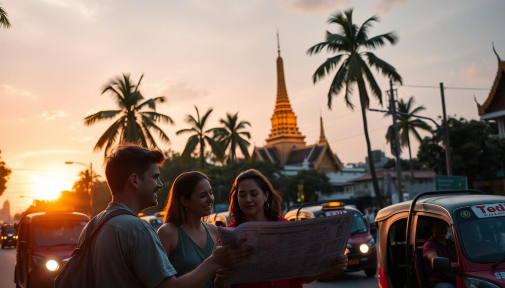 A tropical sunset casts a warm glow over a bustling Bangkok street scene. In the foreground, a group of travelers consult a detailed map, their faces illuminated by the soft evening light. In the middle ground, tuk-tuks weave through the traffic, their drivers calling out to passersby. In the background, the iconic spires of a gilded temple rise up, framed by the silhouettes of swaying palm trees. The atmosphere is one of excitement and anticipation, as the travelers plan their grand adventure through the Kingdom of Thailand.