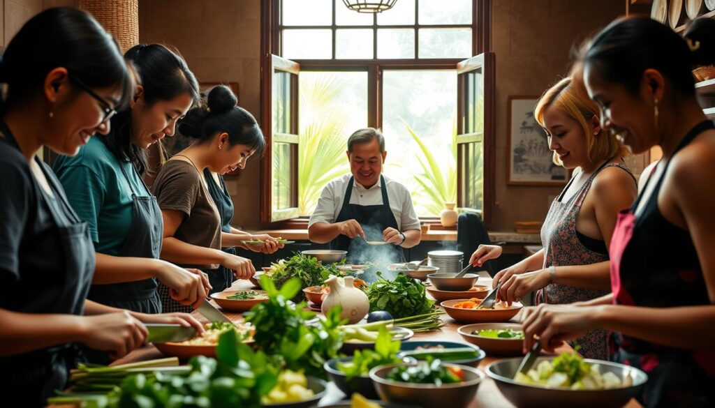 A vibrant Thai cooking class experience, set in a cozy, traditional-style kitchen. In the foreground, a group of students intently chop, stir, and taste various fragrant ingredients - lemongrass, kaffir lime leaves, galangal, and fresh herbs. The middle ground showcases a seasoned Thai chef, demonstrating proper techniques with a warm, welcoming smile. In the background, a large window overlooks a lush, tropical garden, bathed in soft, natural light. The atmosphere is one of engaged learning, cultural immersion, and the joyful exploration of authentic Thai cuisine.