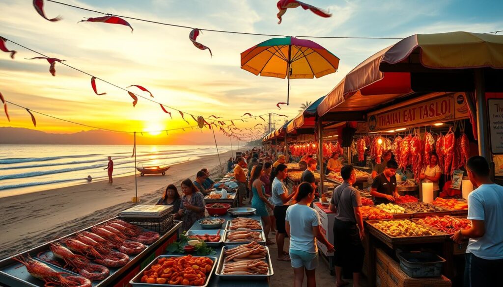 A vibrant Thai seafood festival unfolding along a serene beachside setting. In the foreground, bustling market stalls offer a dazzling array of fresh catches - glistening prawns, sizzling squid, and succulent crab. Colorful umbrellas and banners flutter overhead, creating a lively atmosphere. In the middle ground, groups of locals and tourists alike savor the flavorful seafood dishes, relishing the rich cultural heritage. The background features a picturesque coastline, with gentle waves lapping at the golden sand and a breathtaking sunset painting the sky in warm hues. The scene exudes a sense of community, tradition, and the deep reverence Thais hold for the bounty of the sea.