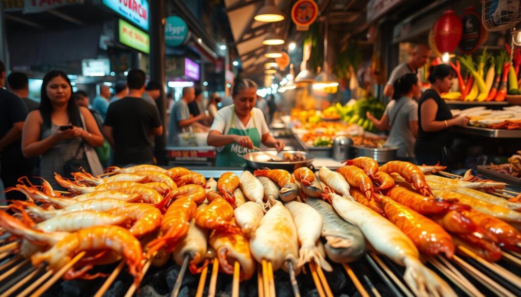 A vibrant Thai street food scene bustling with the aroma of freshly grilled seafood. In the foreground, a colorful array of skewered shrimp, squid, and fish sizzle over charcoal, their glistening surfaces reflecting the warm evening light. In the middle ground, a vendor deftly flips and bastes the delectable morsels, surrounded by patrons eagerly awaiting their turn. Beyond, a lively street market comes into view, with stalls overflowing with vibrant produce, fragrant herbs, and the day's fresh catch. The atmosphere is electric, with the sounds of sizzling woks, hawkers' calls, and the chatter of excited diners creating a palpable sense of energy and celebration of Thai coastal cuisine.