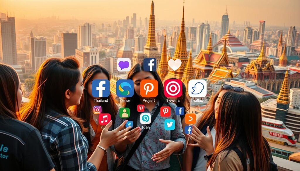 A vibrant and dynamic image showcasing the power of social media in Thailand's language exchange landscape. In the foreground, a group of young, diverse individuals engage in lively conversation, their hands gesturing animatedly as they share ideas and cultural insights. The middle ground features a collage of social media app icons, reflecting the seamless integration of technology in facilitating these language learning interactions. In the background, a bustling city skyline with iconic Thai landmarks, such as towering skyscrapers and ornate temples, creates a rich and immersive setting. The scene is bathed in warm, golden lighting, conveying a sense of connection, learning, and the fusion of modern communication and traditional culture.
