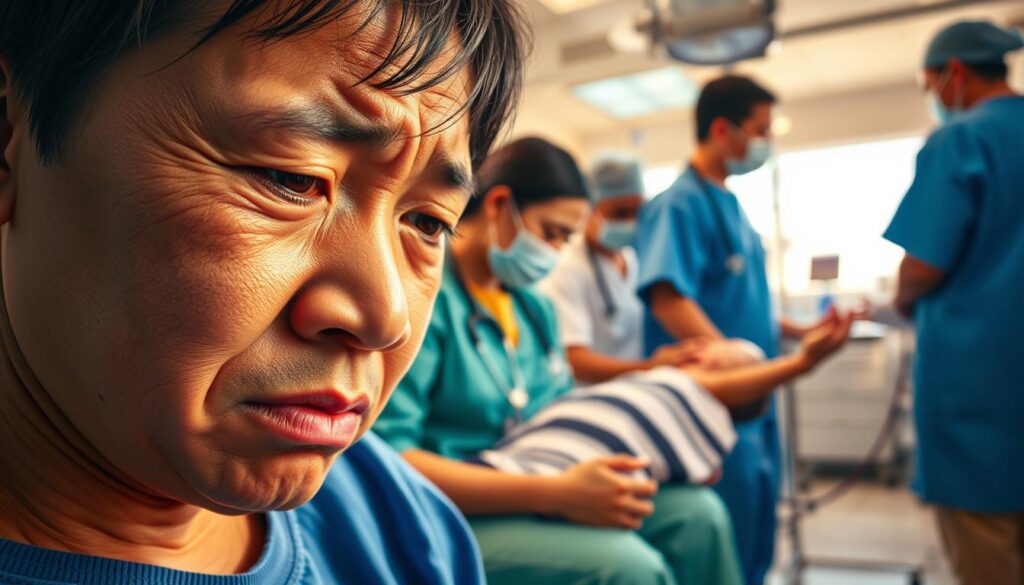 A vibrant and informative medical scene depicting common health issues encountered in Thailand. In the foreground, a close-up of a patient suffering from a tropical disease, their face etched with discomfort, conveying the urgency of the situation. In the middle ground, a team of healthcare professionals attending to the patient, their expressions focused and their movements precise, showcasing the dedication of Thailand's medical community. The background is a bustling hospital setting, with modern equipment and facilities, highlighting the country's advancements in healthcare. The lighting is warm and natural, casting a soft glow over the scene, evoking a sense of compassion and care. The overall composition captures the essence of the "What to Do in Case of Illness" section, encouraging readers to seek prompt and professional medical attention when faced with health challenges in Thailand.
