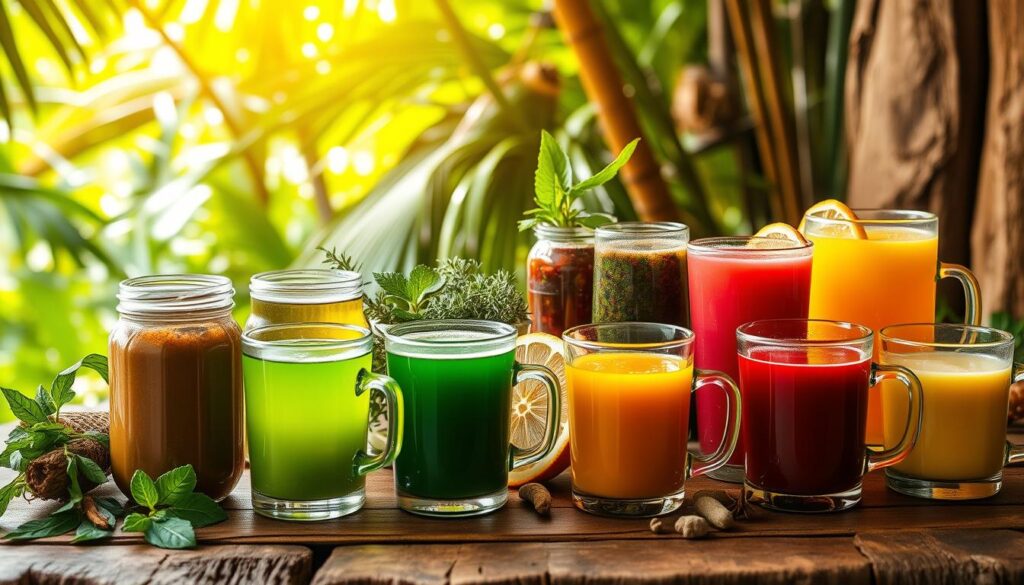 A vibrant and serene scene of an assortment of traditional Thai herbal drinks, presented on a wooden table with a natural, rustic backdrop. The foreground features delicate glass jars and cups filled with an array of vibrant hues, ranging from deep earthy tones to vibrant greens and reds, reflecting the diverse flavors and health benefits of these ancient concoctions. The middle ground showcases fresh herbs, spices, and citrus slices, while the background depicts a lush, verdant tropical setting with sunlight filtering through the foliage, creating a warm and inviting atmosphere. The lighting is soft and diffused, accentuating the natural textures and colors of the drinks and ingredients. The overall composition conveys the sense of wellness, tradition, and the rich cultural heritage of Thai herbal beverages.