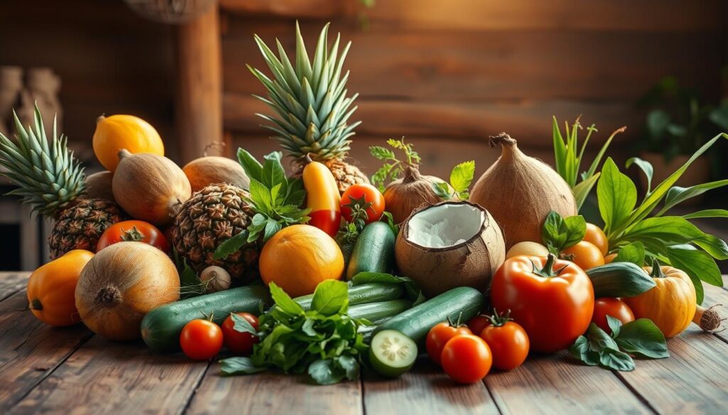 A vibrant arrangement of fresh, cooling Thai ingredients on a rustic wooden table, bathed in warm, natural light. In the foreground, a selection of tropical fruits such as juicy mangoes, sweet pineapples, and hydrating coconuts. In the middle ground, a variety of crisp, refreshing vegetables like cucumbers, tomatoes, and leafy greens. In the background, a few Thai herbs and spices, like lemongrass and kaffir lime leaves, adding depth and complexity. The overall composition conveys a sense of nourishment, balance, and the refreshing essence of Thai cuisine, perfect for beating the heat and humidity.