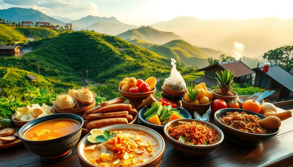 A vibrant array of Northern Thai cuisine, set against the backdrop of lush, verdant hills. In the foreground, a bountiful spread of signature dishes: fragrant Khao Soi, a rich coconut curry noodle soup; Sai Oua, a spicy Northern-style sausage; and Laab, a zesty minced meat salad. The middle ground features steaming bowls of Khao Niaow Ma Muang, a sweet mango sticky rice dessert, accompanied by fresh tropical fruits. In the distance, glimpses of traditional wooden structures and rolling mountains, bathed in warm, golden light, evoke the tranquil ambiance of the Northern Thai highlands.