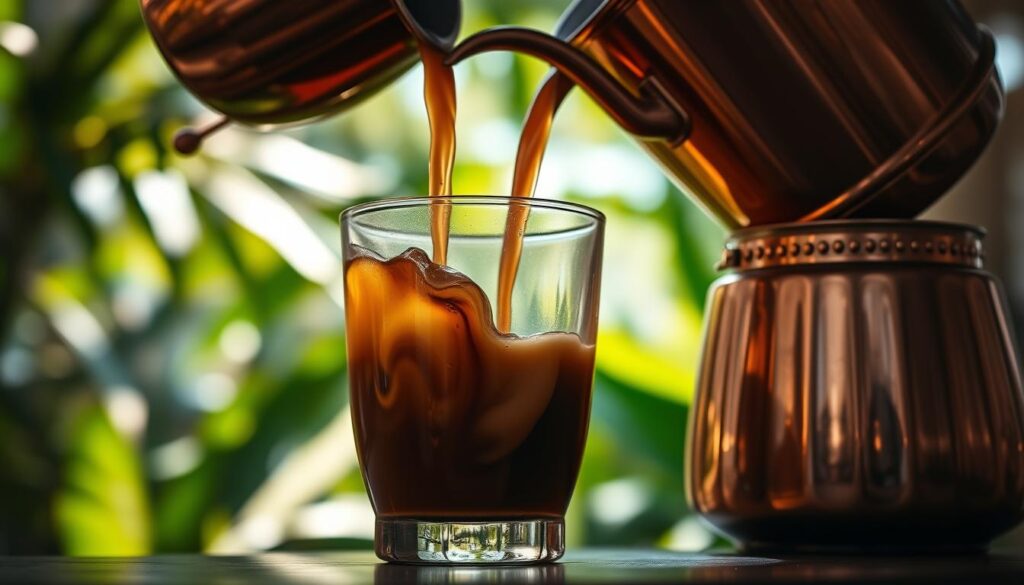 A vibrant, close-up shot of a traditional Thai coffee pour, with the signature copper pot and glass tumbler taking center stage. The rich, aromatic brew cascades into the glass, creating a mesmerizing display of swirling, golden-brown hues. The composition is framed by a lush, tropical backdrop, hinting at the lush greenery and warm, humid atmosphere of Thailand. Dappled natural lighting casts a soft, warm glow over the scene, adding depth and dimension. The overall mood is one of authentic, immersive experience, inviting the viewer to savor the unique flavor and cultural significance of Thai coffee.