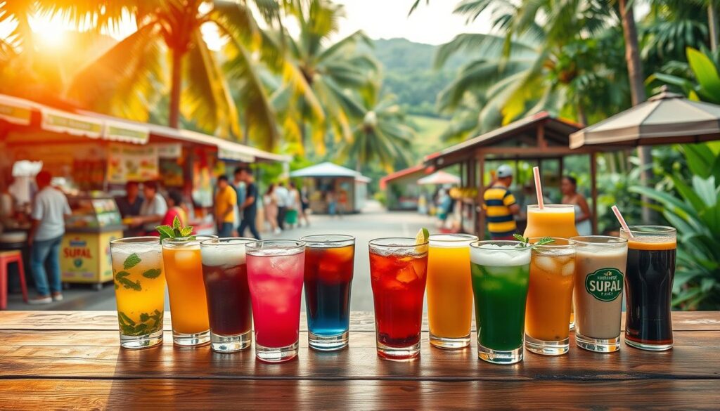 A vibrant collection of authentic Thai beverages set against a lush, tropical backdrop. In the foreground, an assortment of colorful drinks - refreshing iced teas, aromatic coffees, and traditional herbal infusions - arranged on a wooden table. The middle ground features a bustling Thai street scene, with vendors serving up fresh juices and traditional concoctions. In the background, a verdant landscape of palm trees and lush foliage, bathed in warm, golden sunlight. The scene conveys the rich cultural heritage and vibrant flavors of Thailand's diverse beverage offerings. Captured with a wide-angle lens, the image has a depth of field that draws the viewer in, inviting them to explore the captivating world of Thai beverages.