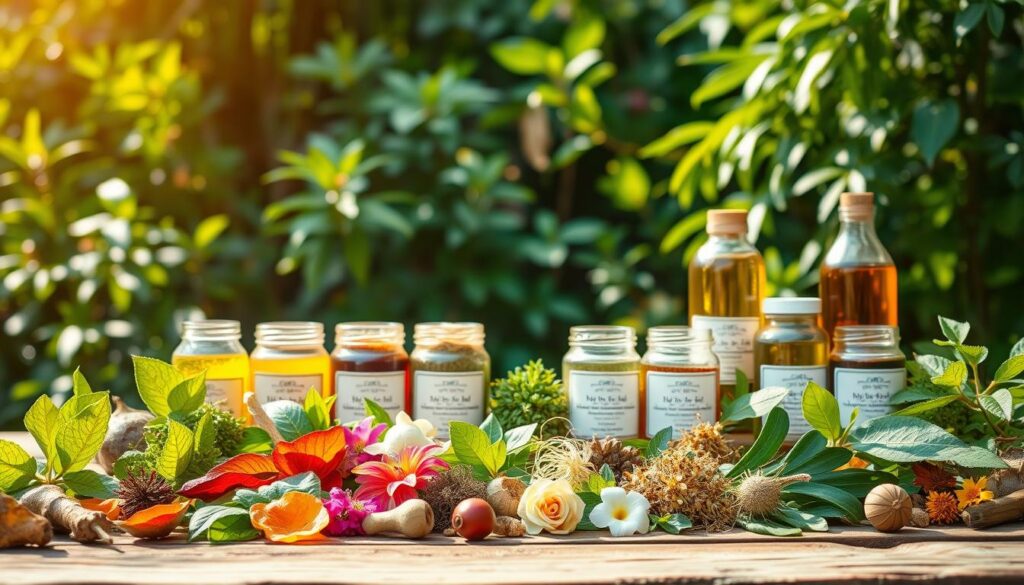A vibrant collection of traditional Thai herbal remedies, showcased in a warm, sunlit setting. In the foreground, an assortment of fragrant leaves, roots, and flowers arranged on a rustic wooden table, their vibrant hues and textures inviting exploration. In the middle ground, a row of glass jars filled with various tinctures and infusions, their labels hinting at the potent healing properties within. The background is adorned with lush, verdant foliage, suggesting a serene, secluded garden oasis where these natural remedies are cultivated. The lighting is soft and natural, casting a golden glow over the scene, evoking a sense of timeless wisdom and holistic well-being.