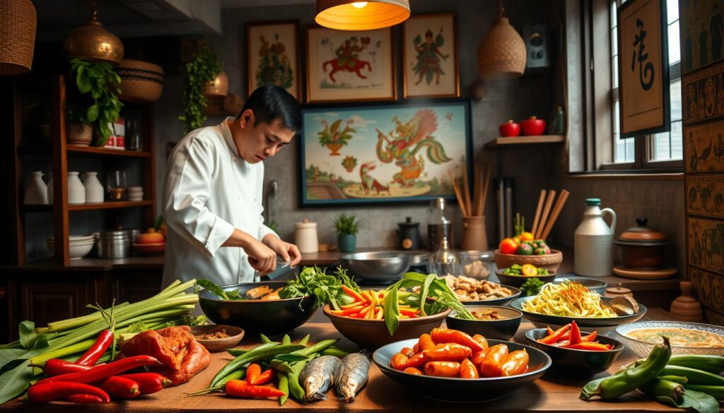 A vibrant culinary scene unfolds in a cozy, modern Thai kitchen. In the foreground, a chef expertly demonstrates the intricate techniques of authentic Thai cuisine, deftly chopping fragrant herbs and skillfully assembling colorful dishes. In the middle ground, an array of fresh ingredients - vibrant chilies, aromatic lemongrass, and glistening seafood - sit ready for transformation. The background showcases the rich cultural heritage of Thailand, with traditional artwork and subtle nods to the country's storied history. Warm, diffused lighting casts a welcoming glow, while a sense of anticipation and discovery permeates the scene, inviting the viewer to embark on a flavorful journey through Thailand's culinary traditions.
