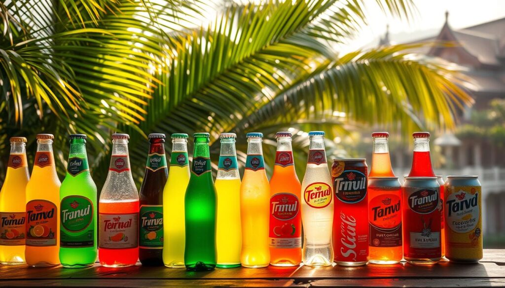 A vibrant display of Thai carbonated beverages, showcased against a backdrop of lush tropical foliage. In the foreground, an assortment of colorful glass bottles and cans, each featuring distinct logos and branding, cast a soft, diffused glow under the warm, natural lighting. The middle ground reveals a variety of flavors, from the classic citrus-based sodas to the more exotic fruit-infused sparkling drinks, all neatly arranged on a rustic wooden surface. In the background, a hazy, sun-dappled scene of verdant palm fronds and the distant silhouette of traditional Thai architecture, creating a serene and authentic atmosphere. The overall composition evokes the refreshing, effervescent nature of these beloved Thai carbonated beverages.