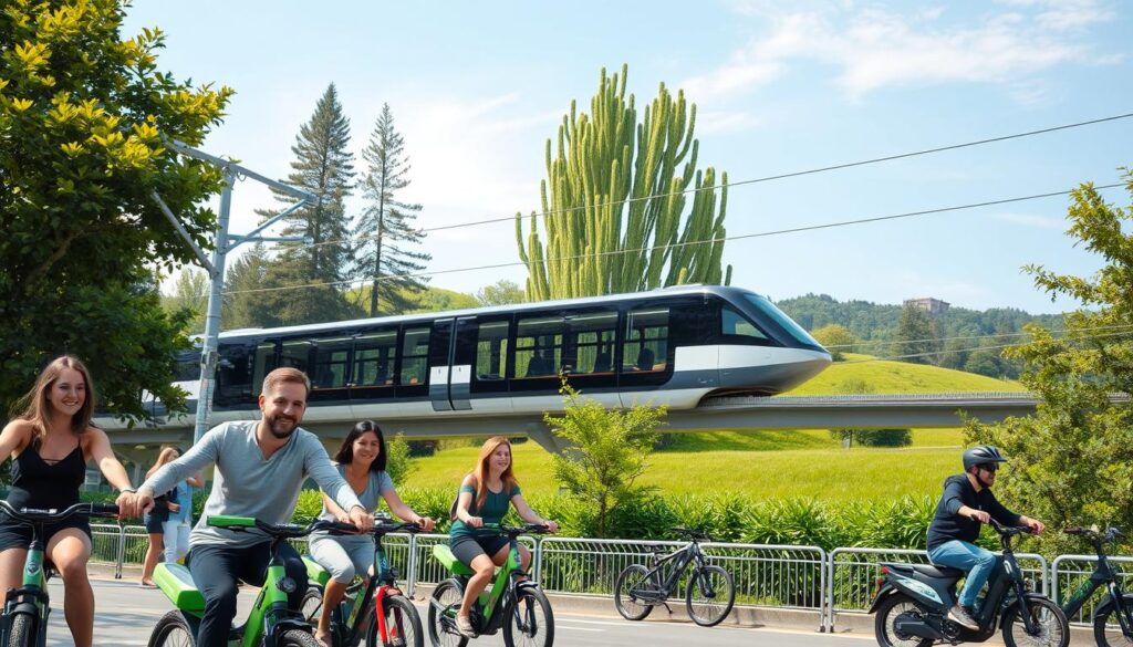 A vibrant, eco-friendly urban scene featuring a variety of sustainable transport options. In the foreground, a group of people riding electric bicycles and scooters, their faces filled with a sense of joy and freedom. In the middle ground, a modern skytrain glides silently above the bustling streets, its sleek design powered by renewable energy. In the background, a lush, verdant landscape with towering trees and a clear blue sky, creating a calming, naturalistic atmosphere. The overall scene conveys a vision of a sustainable, livable city where clean, efficient transportation is seamlessly integrated with the natural environment.