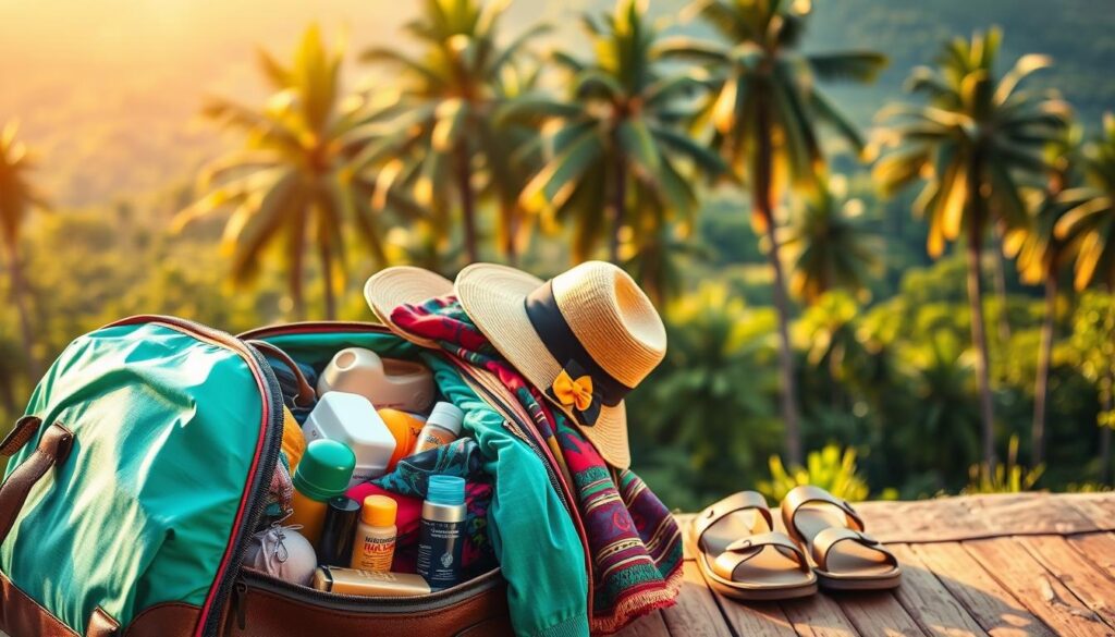 A vibrant, meticulously packed travel bag sits in the foreground, filled with essential items for a Thailand adventure - lightweight clothing, sun protection, insect repellent, and compact toiletries. In the middle ground, a colorful silk scarf, a traditional Thai hat, and a pair of comfortable sandals are arranged, hinting at the cultural richness of the destination. The background features a lush, verdant landscape with towering palm trees, evoking the tropical ambiance of Thailand. Warm, golden lighting casts a soft, inviting glow over the entire scene, creating a sense of adventure and anticipation. The overall composition conveys a well-prepared traveler, ready to immerse themselves in the unique experiences that await in Thailand.