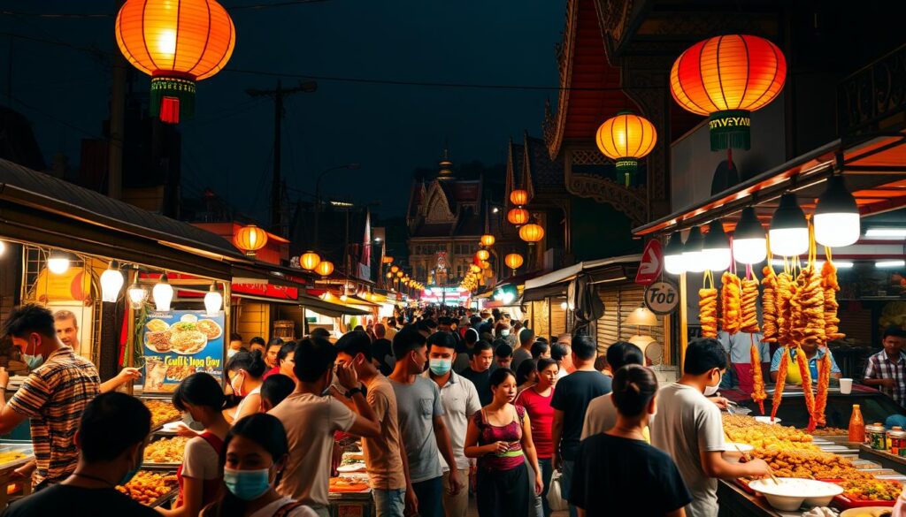A vibrant night market in Thailand, bustling with activity and the aroma of sizzling street food. In the foreground, a myriad of stalls offer an array of tantalizing dishes - skewered meats, spicy curries, fragrant noodles, and freshly grilled seafood. Vibrant colors and textures create a feast for the senses. In the middle ground, crowds of locals and tourists navigate the crowded aisles, their faces illuminated by the warm glow of string lights overhead. The background is a tapestry of colorful lanterns, intricate architectural details, and the silhouettes of nearby buildings, all bathed in the soft, moody light of the evening. The atmosphere is electric, a celebration of Thailand's rich culinary heritage and the lively spirit of its night markets.