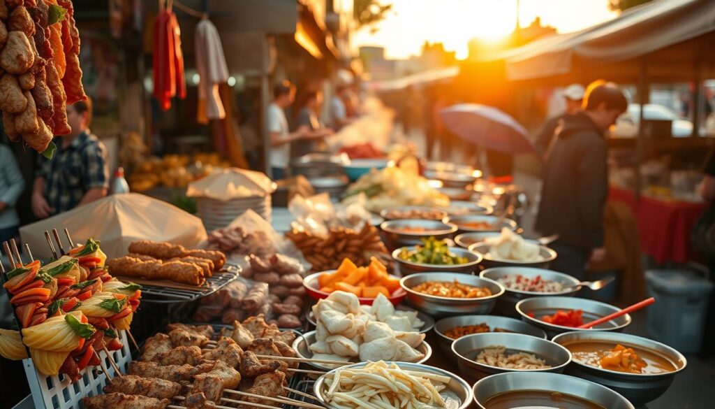 A vibrant outdoor Thai street food market at golden hour, featuring an assortment of the country's most iconic and delectable snacks. In the foreground, colorful skewers of grilled meats, sizzling seafood dishes, and freshly fried dumplings beckon passersby. The middle ground showcases steaming bowls of savory noodles, crisp papaya salads, and fragrant curries, while vendors skillfully prepare each order. In the background, the bustling energy of the market is captured, with people navigating the maze of stalls and the warm glow of the setting sun casting a hazy, dreamlike atmosphere over the scene. The overall mood is one of irresistible aromas, lively activity, and the comforting allure of traditional Thai street food.