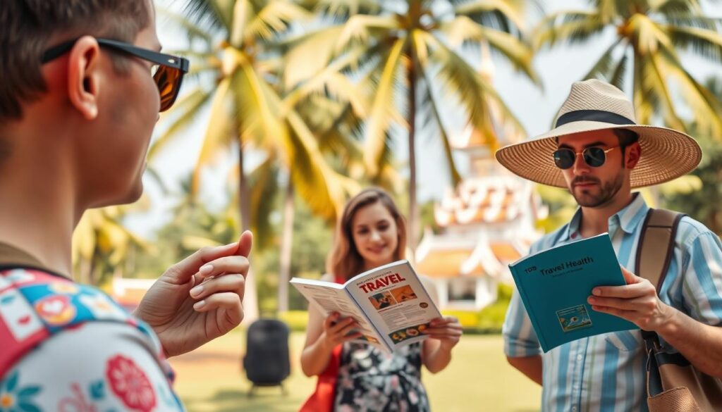 A vibrant outdoor scene in Thailand, showcasing common health precautions for tourists. In the foreground, a person applies sunscreen, while another wears a wide-brimmed hat to shield against the tropical sun. In the middle ground, a couple consults a travel health guide, planning their itinerary with safety in mind. In the background, lush palm trees sway gently, and a traditional Thai temple stands as a reminder of the cultural richness of the destination. The lighting is warm and natural, evoking a sense of tranquility and well-being. The image is captured with a wide-angle lens, providing a comprehensive view of the scene.