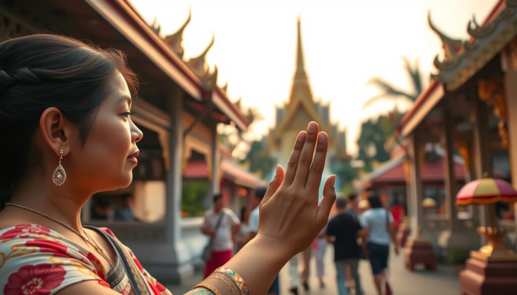A vibrant scene of Thailand's rich cultural etiquette unfolds. In the foreground, a local Thai woman performs a graceful wai gesture, palms pressed together in a sign of respect. The middle ground showcases traditional Thai architecture, with ornate roofs and intricate carvings. In the background, a serene temple stands tall, its golden spires reaching towards the soft, diffused light of a tropical sunset. The overall atmosphere exudes a sense of reverence, tradition, and the importance of honoring local customs. Captured with a wide-angle lens, this image invites the viewer to immerse themselves in the essence of Thai cultural etiquette.