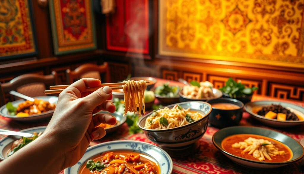A vibrant scene of a traditional Thai dining setting, showcasing proper table manners. In the foreground, a pair of hands delicately using chopsticks to pick up a bite-sized portion of steaming pad thai. In the middle ground, a table adorned with an array of Thai dishes, including fragrant curries, fresh salads, and aromatic herbs. The background features warm, amber lighting casting a cozy glow over the scene, complemented by intricate Thai patterns on the tablecloth and wall hangings. The overall atmosphere exudes a sense of cultural authenticity and graceful dining etiquette.